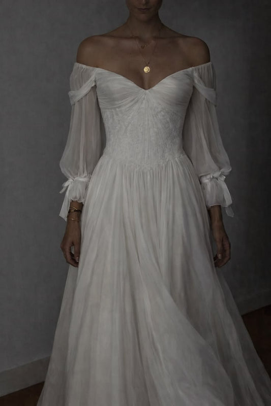 Ethereal A Line Long Sleeve White Pleated Chiffon Prom Dress Wedding Dress SH7080
