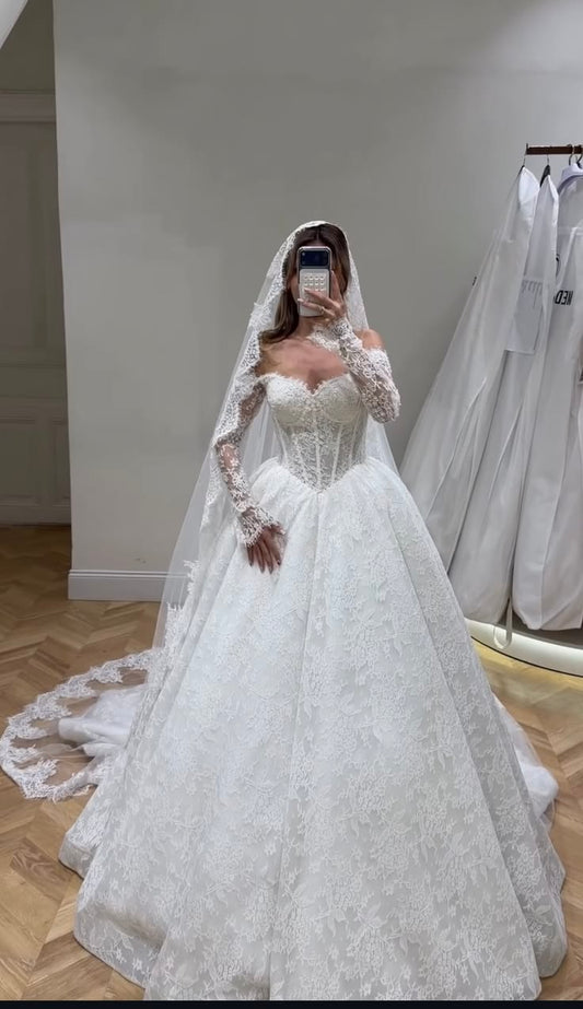 Stylish A Line Long Sleeve Corset White Lace Long Wedding Dress SH8723
