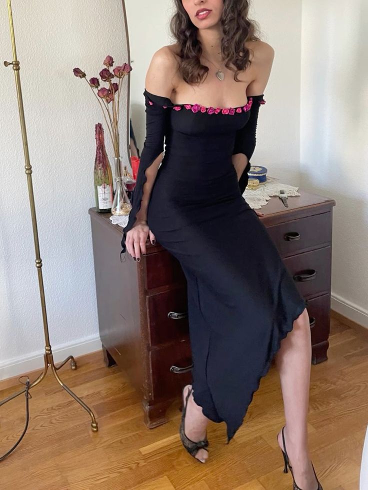 Pink Floral Sheath Long Sleeve Black Satin Long Party Dress Prom Dress SH7632