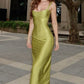 Simple Green Sheath Spaghetti Strap Satin Long Prom Dress Formal Gown SH3972