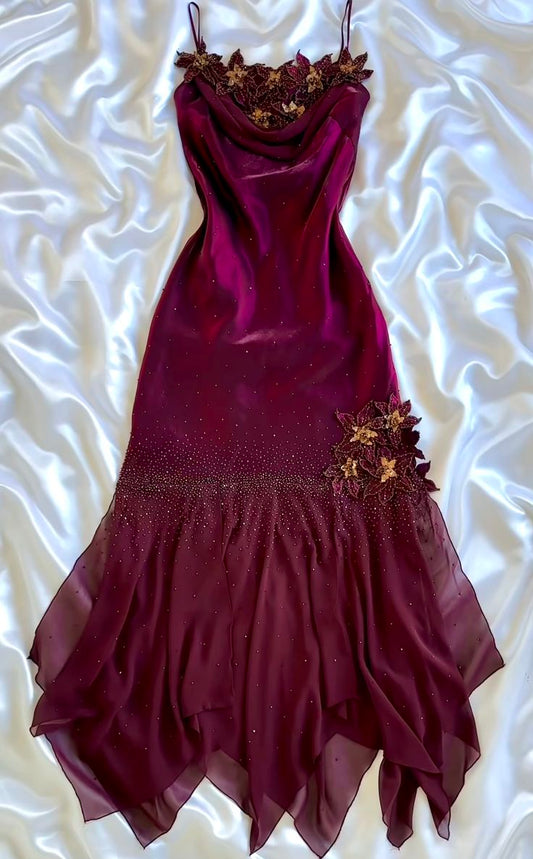 Cranberry Rose Vintage A Line Beaded Appliques Satin Chiffon Prom Dress Evening Dress SH3728