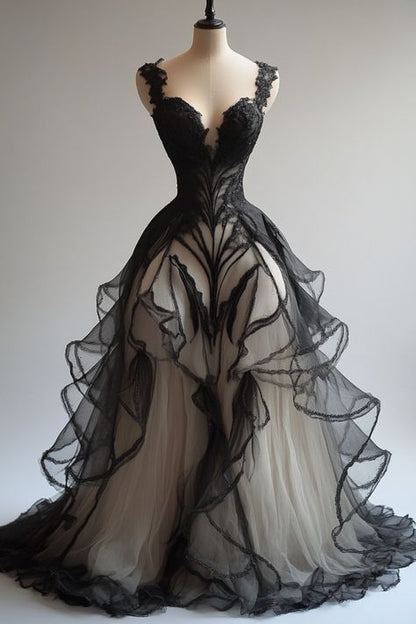 Charming A Line Straps Ruffle Lace Tulle Long Prom Dress Evening Dress SH2440