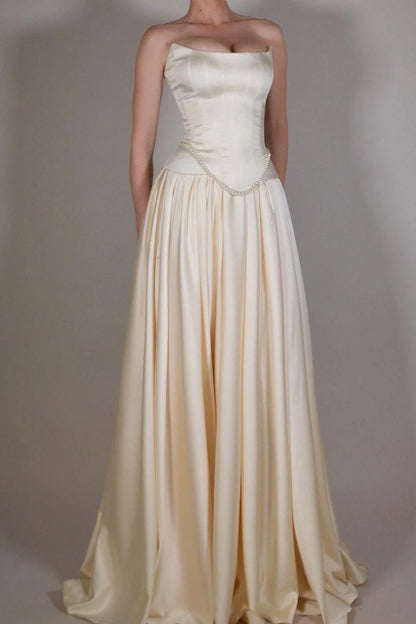 Exquisite Satin Ivory Sleeveless Strapless Long Pleated Prom Dress with Beadings SH5463