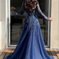Blue Long Sleeves Slit Prom Dress Long Party Dress Evening Dress SH903