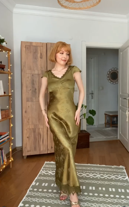 Vintage Charming Sheath V Neck Print Floral Olive Green Satin Prom Dress Outfits SH4865