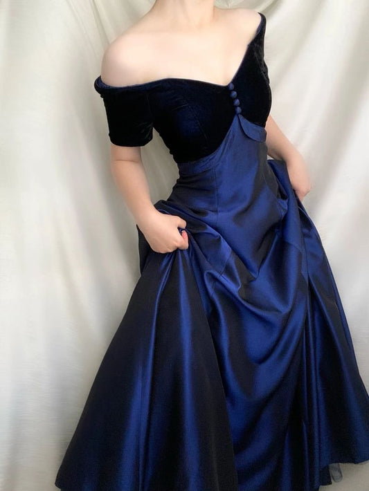 Navy Blue Ball Gown Off the Shoulder Satin Prom Dress Party Dress SH5543