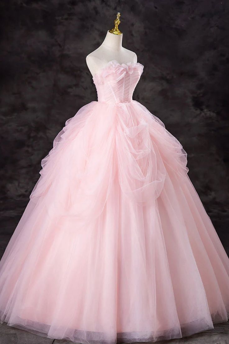 Gorgeous Strapless Pink Tulle Long Prom Dresses Evening Dresses SH1769