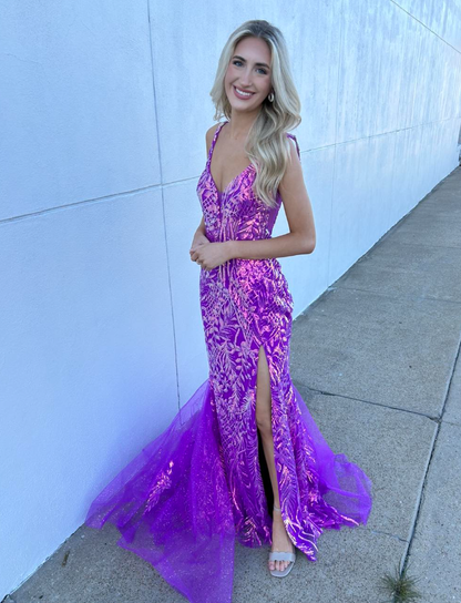 Pretty Mermaid Spaghetti Straps Purple Sequin Tulle Long Prom Dress Evening Dress SH6782