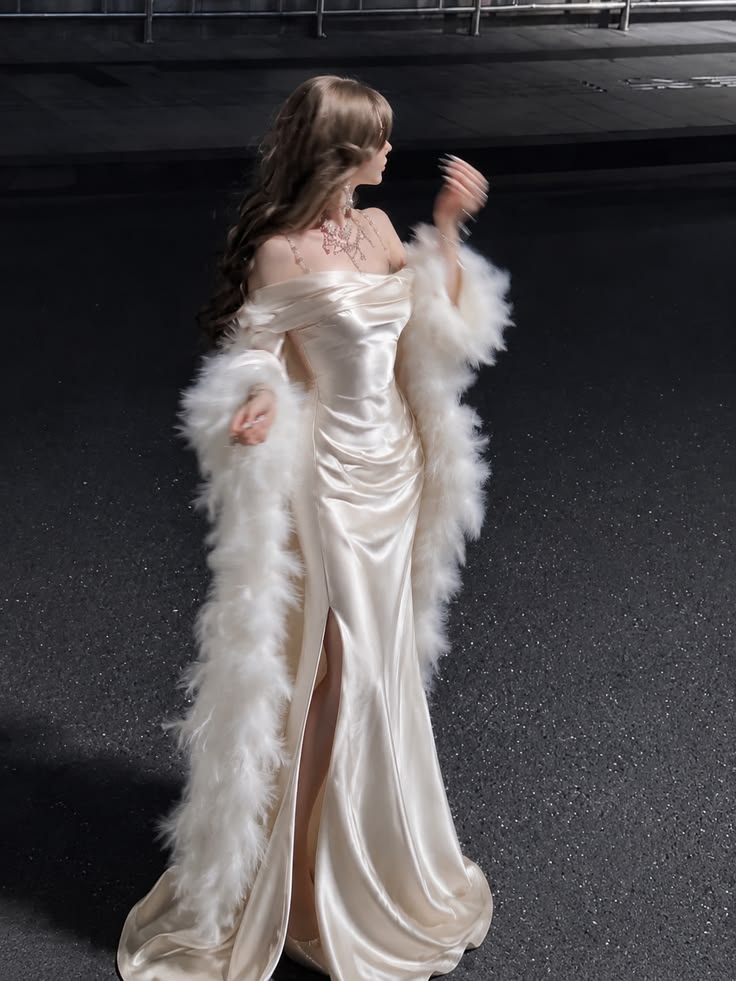 Elegant Mermaid Off the Shoulder Ivory Satin Slit Prom Dress Evening Dress SH6924