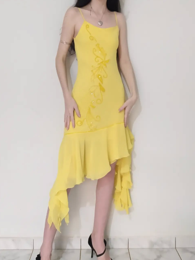 Cute Sheath Spaghetti Strap Beaded Yellow Ruffle Chiffon Prom Dress Graduation Prom Dress SH2569