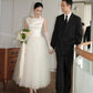 Elegant Classic A Line White Tulle Satin Long Prom Dress Wedding Dress SH7546