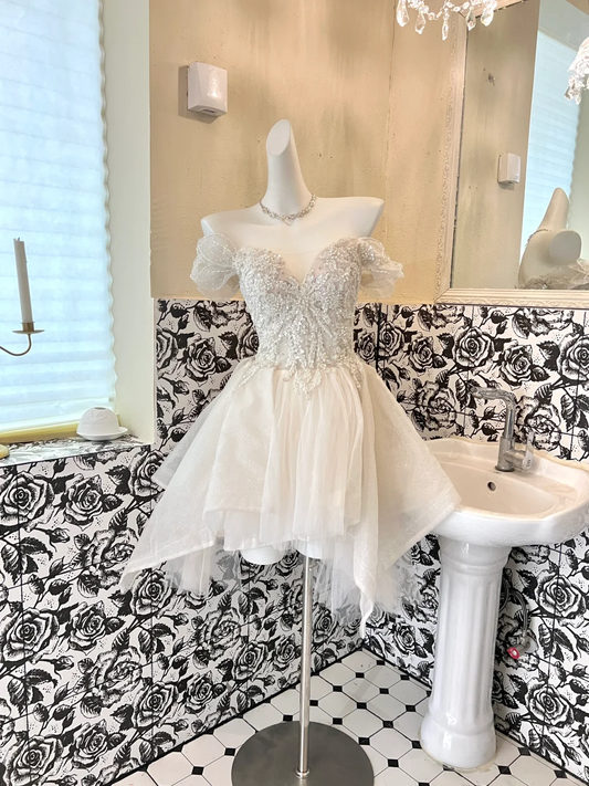 Gorgeous A Line Off the Shoulder Beaded Sequin Tulle Short Homecoming Dress Cocktail Dress SH3359