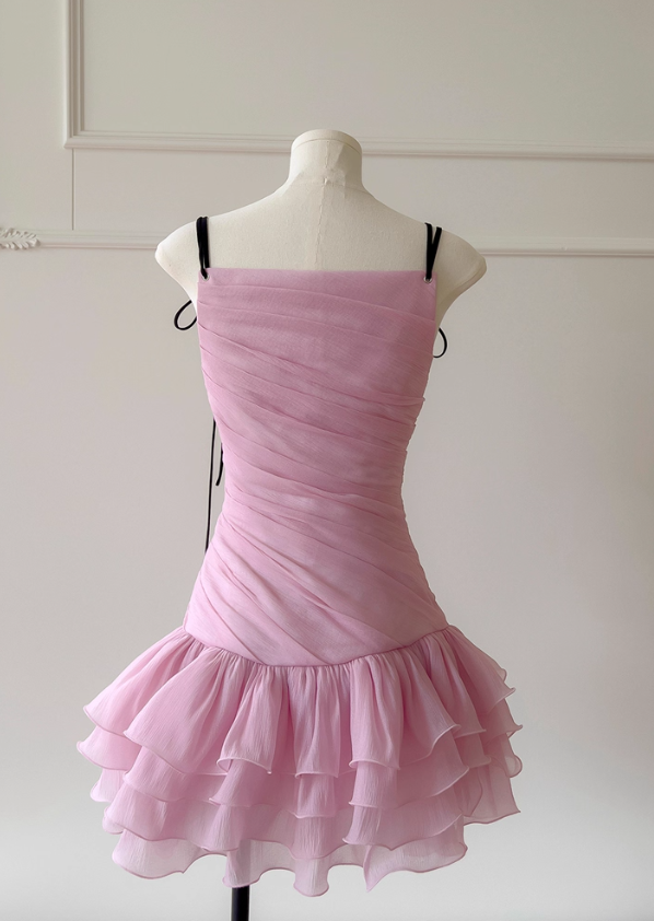Cute Pink A Line Spaghetti Strap Layered Chiffon Homecoming Dress SH4506