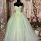 Vintage Light Green Ball Gown One Shoulder Flower Organza Long Prom Dress Evening Dress SH3734
