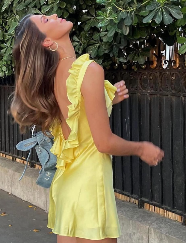 Cute Yellow A Line Ruffles Satin Open Back Short Homecoming Dress Outfits SH1771