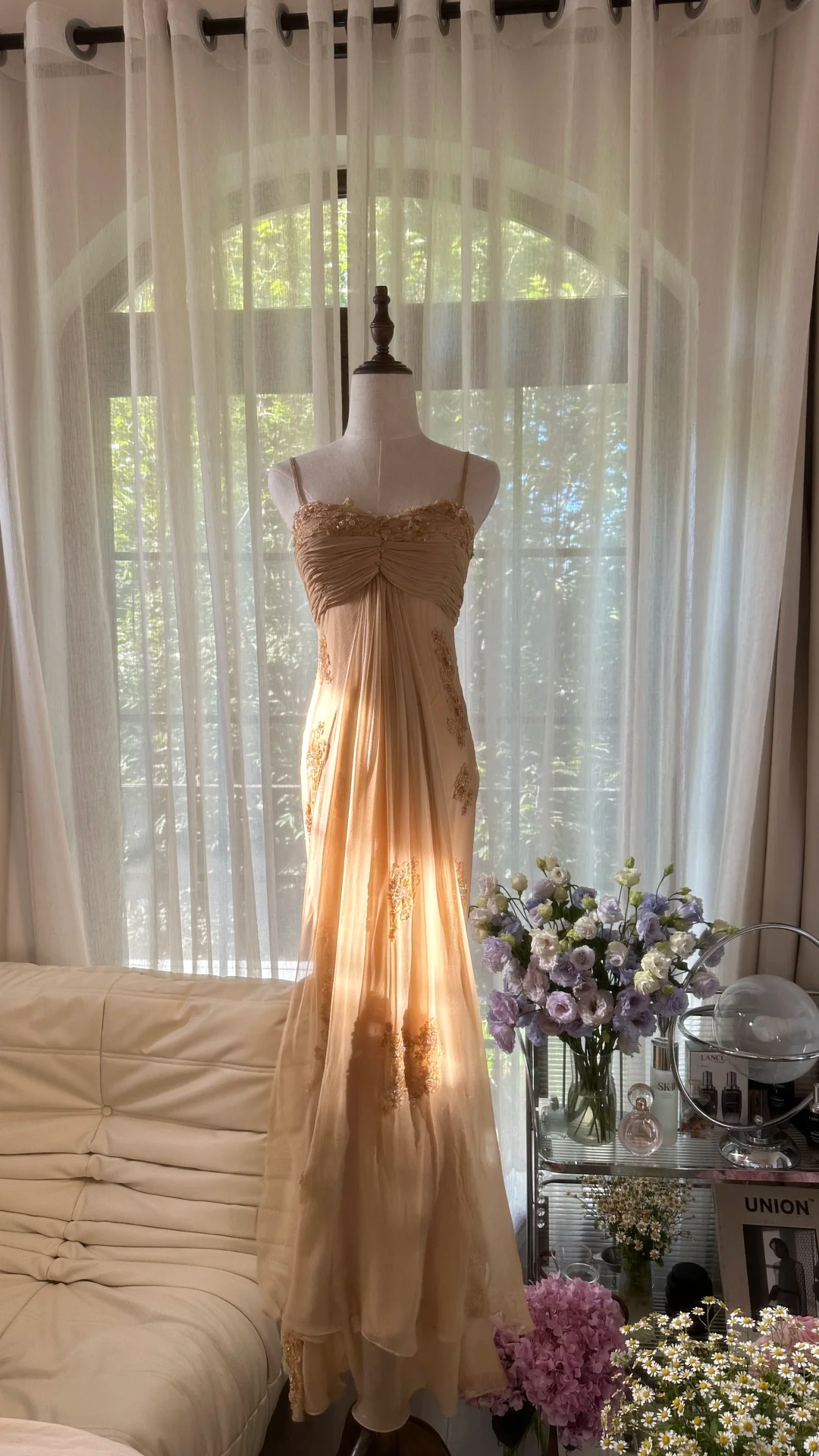 Dreamy Sheath Spaghetti Strap Appliques Chiffon Long Prom Dress Evening Dress SH2968