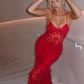Red Spaghetti Straps Lace Beading Gorgeous Mermaid Evening Dress SH1204