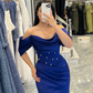 Royal Blue Sheath Off the Shoulder Beaded Corset Satin Long Prom Dress Evening Dress SH7316