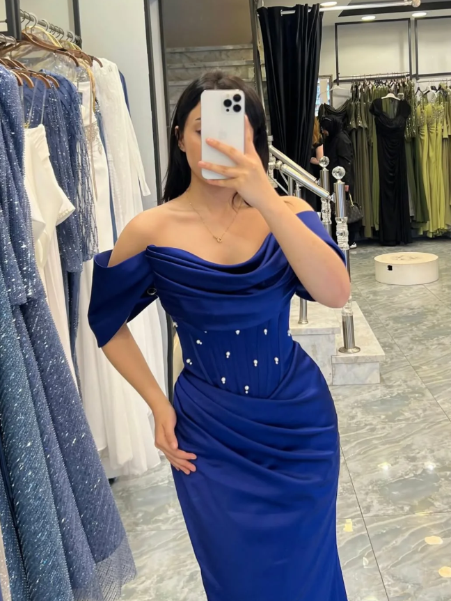 Royal Blue Sheath Off the Shoulder Beaded Corset Satin Long Prom Dress Evening Dress SH7316