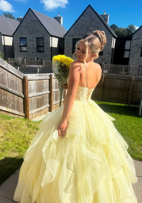 Princess Yellow A Line Spaghetti Strap Lace Ruffle Tulle Prom Dress Birthday Dress SH9005