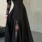 Elegant Black A Line Long Sleeve Lace Satin Prom Dress Evening Dress SH6013