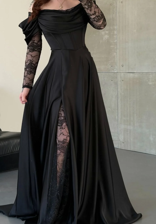 Elegant Black A Line Long Sleeve Lace Satin Prom Dress Evening Dress SH6013