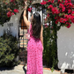 Romantic Pink Print Floral Sheath V Neck Chiffon Prom Dress Vacation Dress SH6259