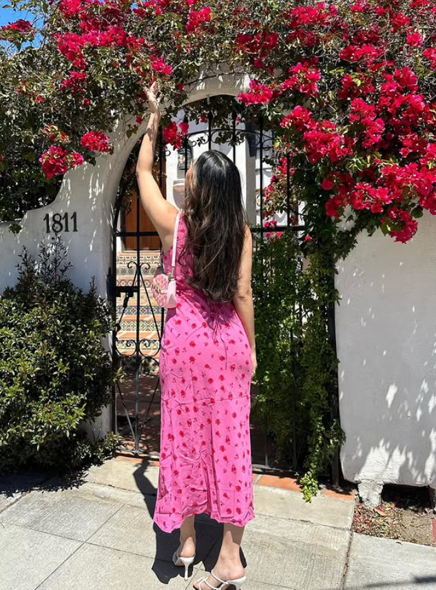 Romantic Pink Print Floral Sheath V Neck Chiffon Prom Dress Vacation Dress SH6259