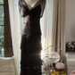 Charming Sheath V Neck Layered Beaded Black Chiffon Party Dress Evening Dress SH2964