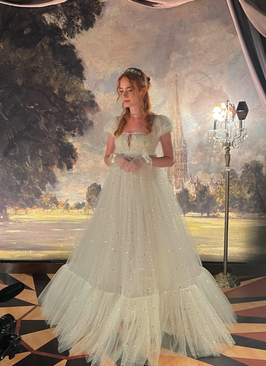 Flowy Gentle White A Line Puff Sequin Tulle Prom Dress Birthday Dress SH3714