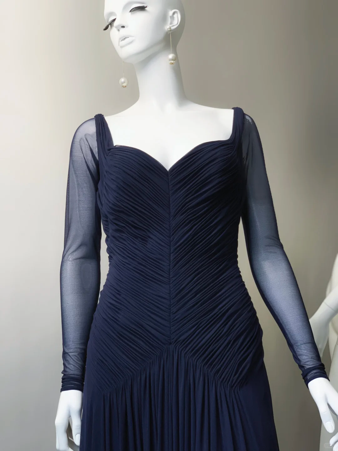 Navy Blue A Line Long Sleeve Tulle Prom Dress Evening Dress SH5131