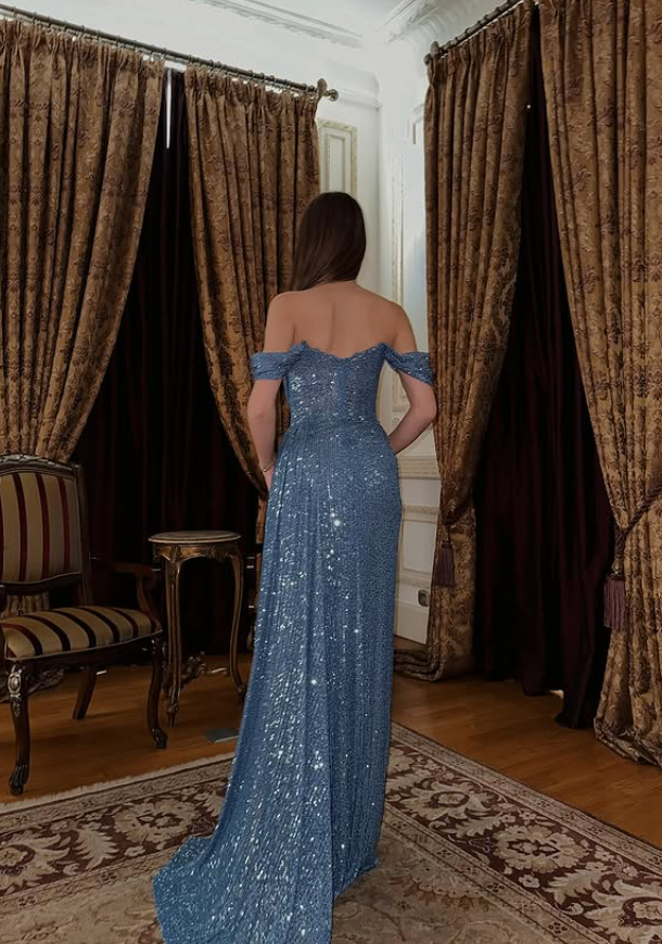 Elegant Blue Shiny A Line Off the Shoulder Sequin Long Evening Dress Prom Dress SH4828