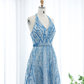 Blue A Line V Neck Sequin Beaded Tulle Long Prom Dress Evening Dress SH2375
