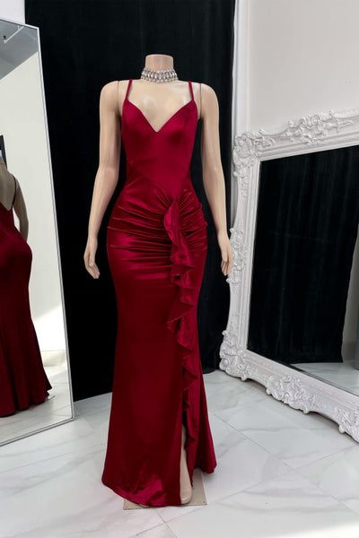 Burgundy Satin Slit Mermaid Prom Dress Elegant Evening Dress  SH1423