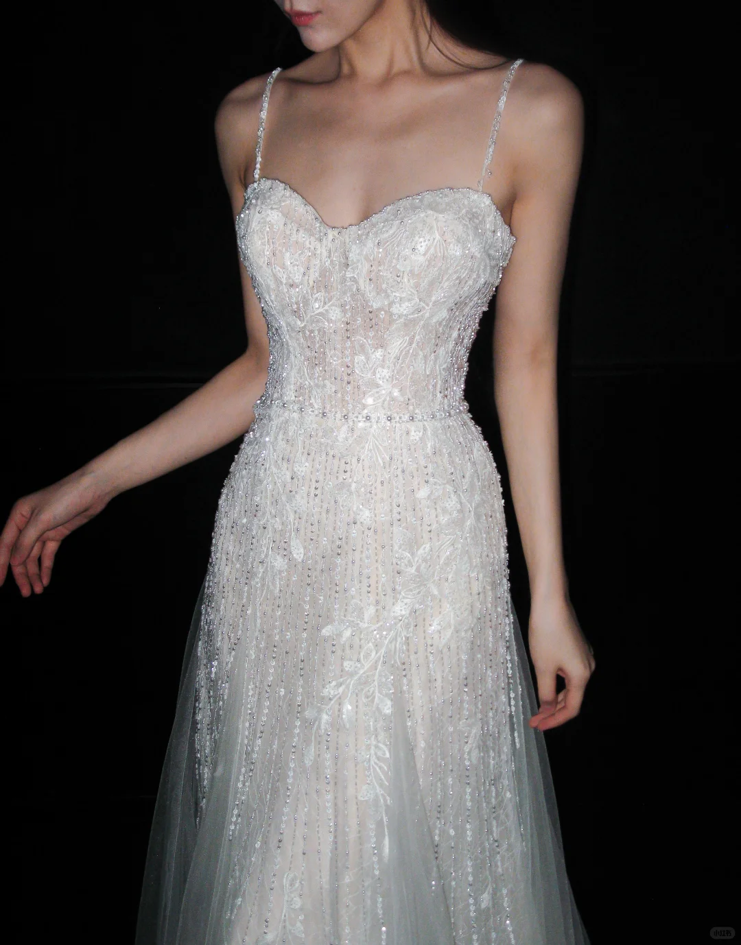 Fairy A Line Spaghetti Strap White Beaded Sequin Tulle Long Wedding Dress SH8916