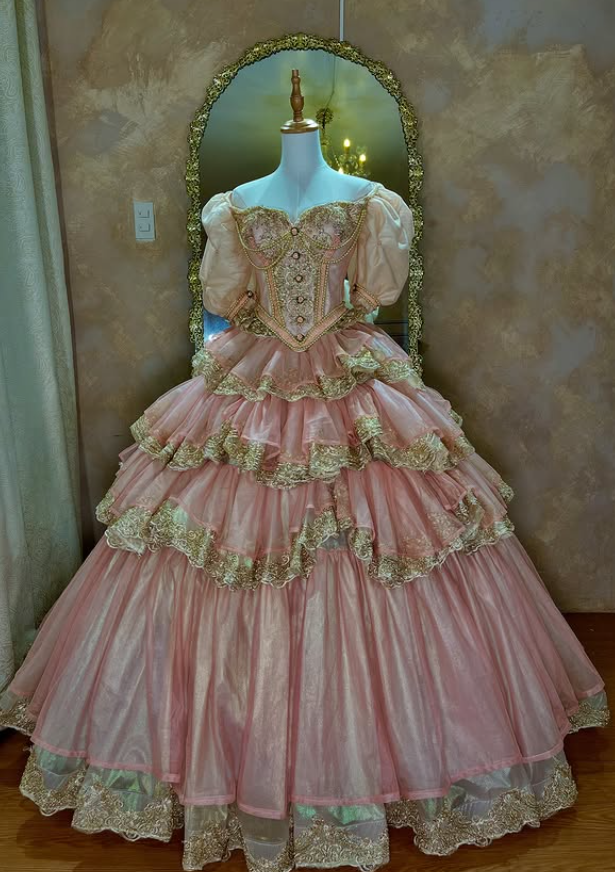 Pink Ball Gown Puff Layered Lace Beaded Satin Quinceanera Dresses SH4872