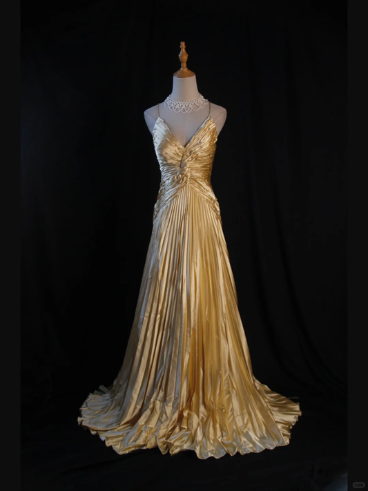 Vintage Gold A Line Spaghetti Straps Pleated Beaded Satin Prom Dress Graduation Prom Dress SH5188