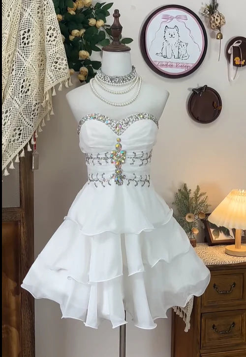 White Vintage Strapless Chiffon Beaded Short Birthday Dress Homecoming Dress SH3503
