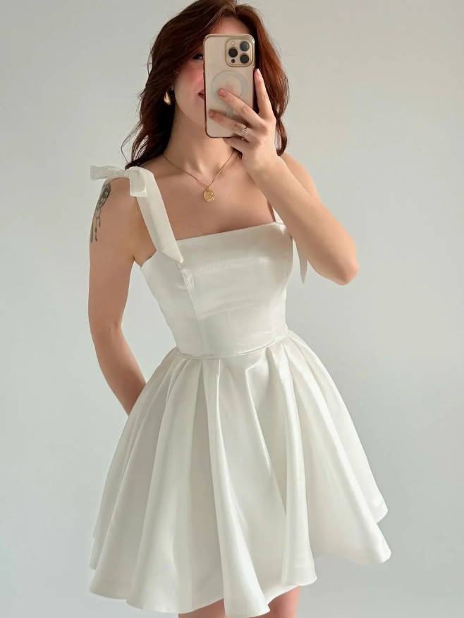 White A Line Bow Straps Satin Short Prom Dress Homecoming Dress SH6010