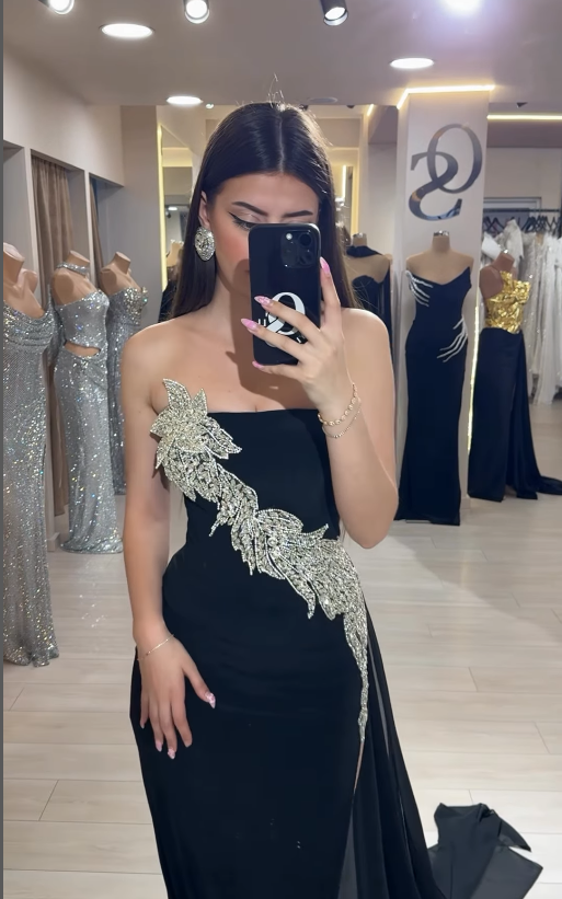 Sexy Black Sheath Strapless Beaded Chiffon Long Prom Dress Party Dress with Slit SH4814
