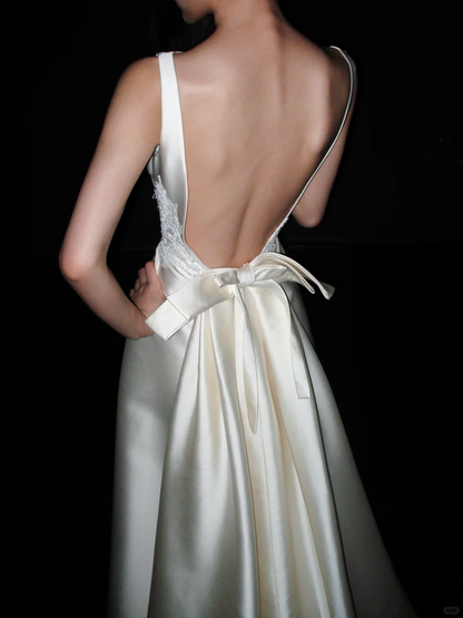 Backless Simple A Line White Beaded Lace Satin Long Wedding Dress SH5969