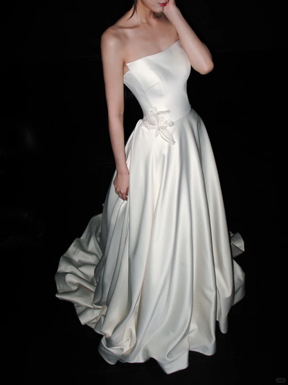 High-class A Line Strapless White Simple Satin Long Wedding Dress SH8881