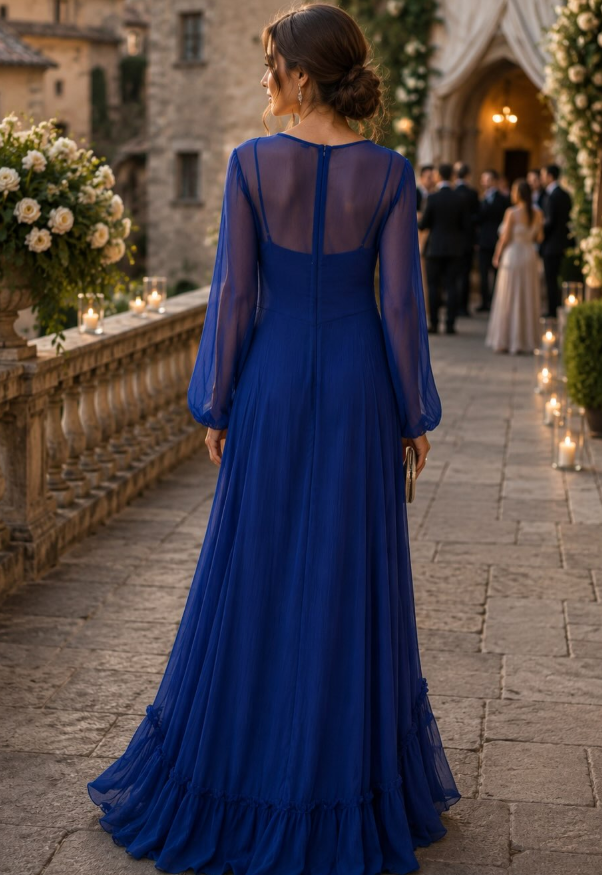 Elegant A Line Long Sleeve Chiffon Prom Dress Evening Dress SH6351