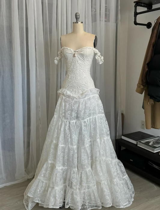 Retro Beautiful A Line Off the Shoulder White Lace Prom Dress Wedding Dress with Slit SH7673