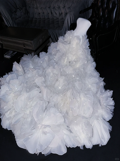 Stunning A Line Strapless White Floral Organza Prom Dress Evening Dress SH2977