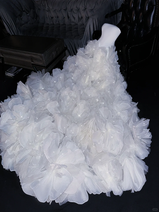 Stunning A Line Strapless White Floral Organza Prom Dress Evening Dress SH2977