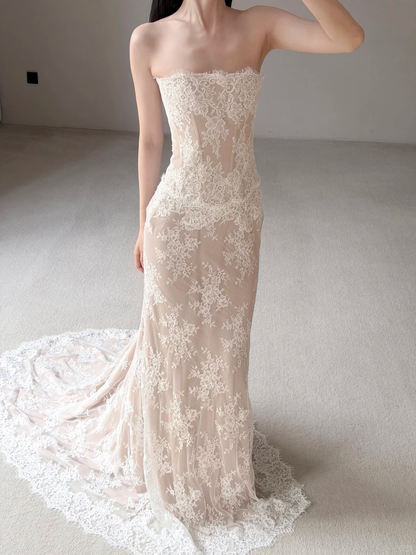 Apricot Sheath Strapless Lace Long Train Wedding Dress SH7723