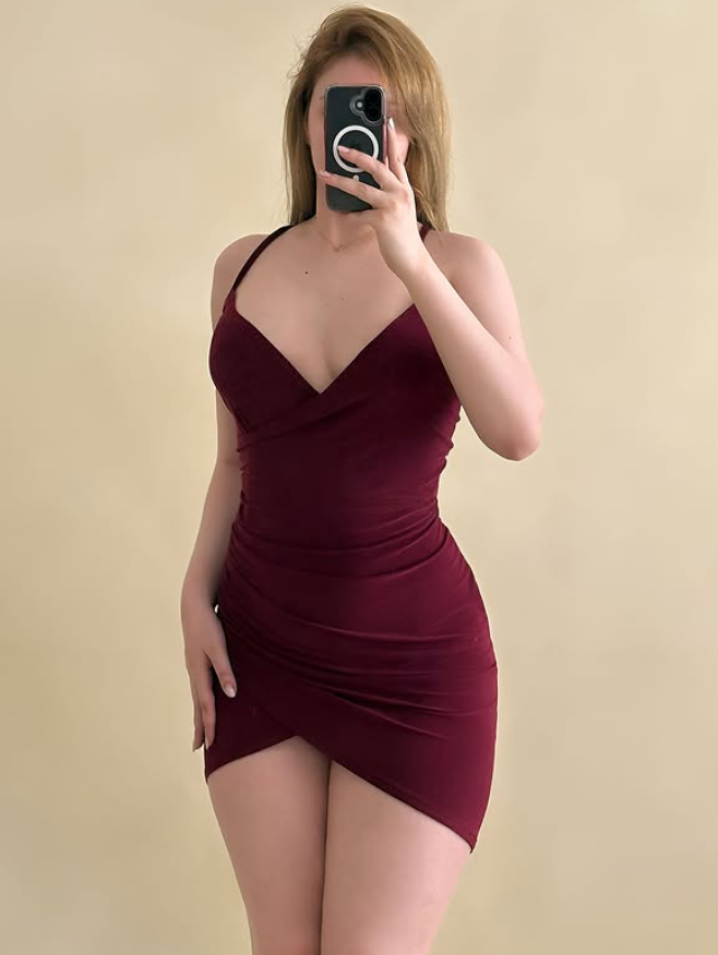 Chic Burgundy Sheath Spaghetti Strap Satin Short Prom Dress Homecoming Dress SH9075