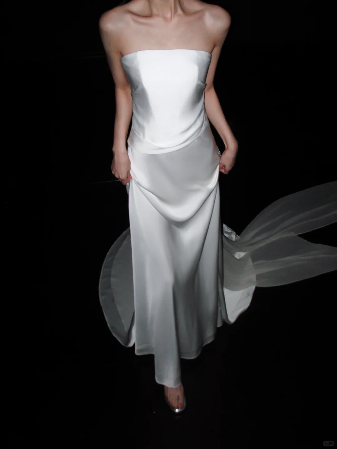 Elegant A Line Strapless White Satin Chiffon Long Wedding Dress SH5961