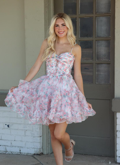 Sweety A Line Spaghetti Straps Print Pink Floral Organza Short Homecoming Dress SH6786